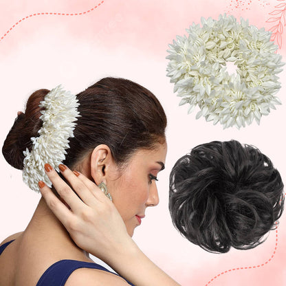 Image 1 of 2 Pcs for the product Majestique White Mogra Artificial Flower Gajra & Funky Messy Bun Scrunchies Combo