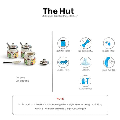Image 6 of ExclusiveLane 'The Hut' Ceramic Pickle Jars for Dining Table With Spoon (Set Of 3, Non-Airtight, 280 ml, Multi-Purpose)|Pickle Jar With Spoon Achar Jar Set Achar Container Set for Dining Table|