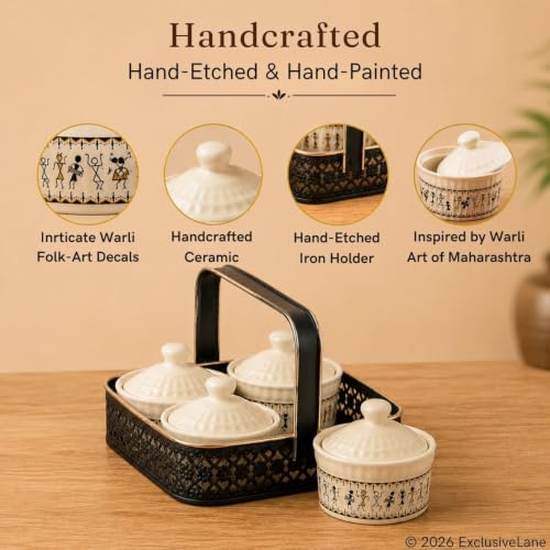 Image 2 of ExclusiveLane Whispers of Warli Ceramic Pickle Jars with Iron Holder Set of 4 160 ml