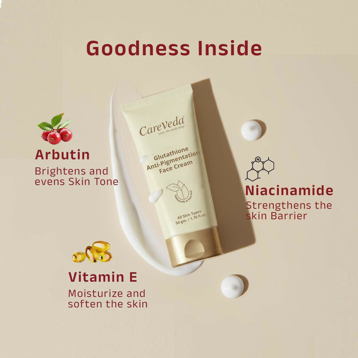 Image 6 of CareVeda Glutathione Anti-Pigmentation Face Cream Enriched with Kojic Acid & Niacinamide