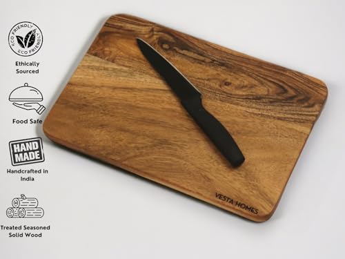 Image 5 of Vesta Homes Wooden Chopping Board, Cutting Board, Serving Board, Charcuterie, and Cheese Board for Kitchen | Natural Acacia Wood | 38x25x1.5 cm | Handcrafted in India