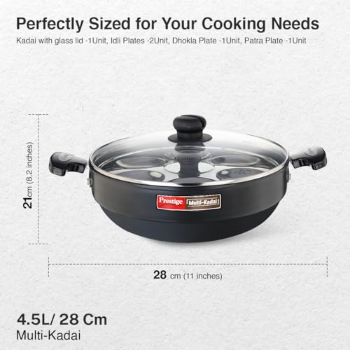 Image 3 of Prestige Hard Anodised Multi Kadhai | 28 cm | Black | Induction Base | Multi-Purpose Accesories - Idli Stand, Dhokla Stand and Steamer | Round Bottom | Durable Handles