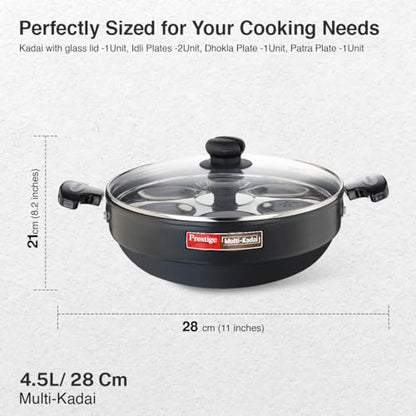 Image 3 of Prestige Hard Anodised Multi Kadhai | 28 cm | Black | Induction Base | Multi-Purpose Accesories - Idli Stand, Dhokla Stand and Steamer | Round Bottom | Durable Handles