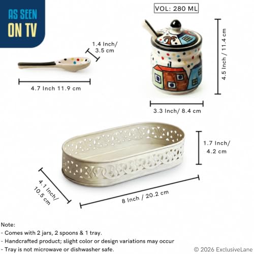 Image 7 of ExclusiveLane The Hut Ceramic Pickle Jars with Spoons & Iron Tray Set of 2 280 ml