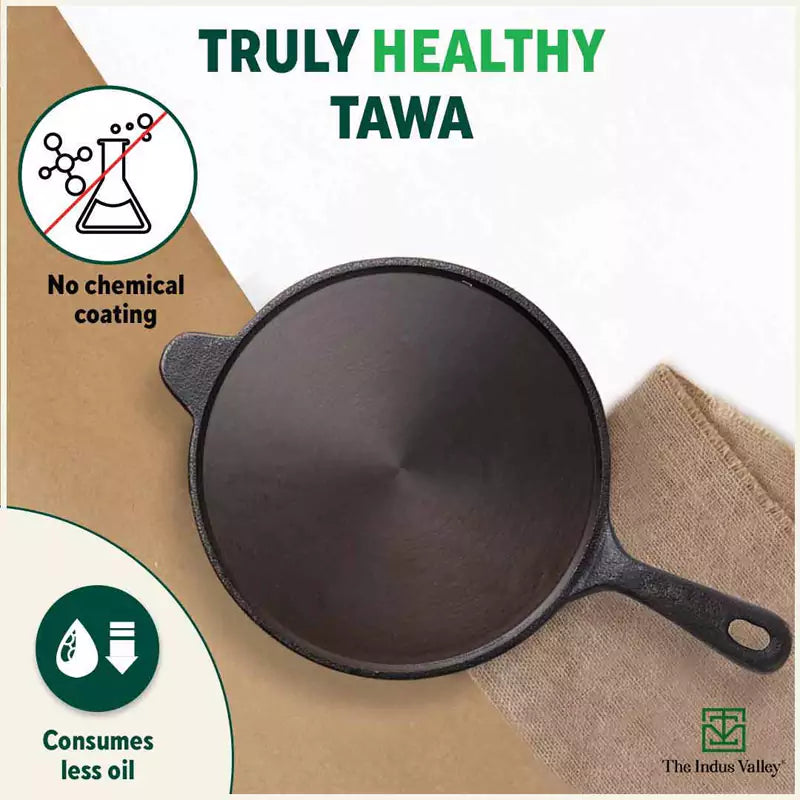 Image 4 of The Indus Valley Super Smooth Cast Iron Tawa, Long Handle,Pre-seasoned, Nonstick, 100% Pure, Toxin-free, Induction,Spatula, 25.4cm, 1.8kg