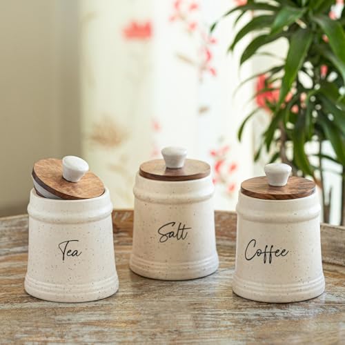 Image 1 of Default Title for the product ExclusiveLane 'Daily Rituals' Airtight Ceramic Jars For Kitchen Storage With Wooden Lid Ceramic Containers For Pickle Cookies Sugar Dry Fruits (Set of 3, Airtight, 300 ML, Hand-Embossed, 13.5 Cm)