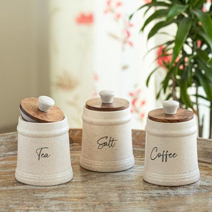Image 1 of Default Title for the product ExclusiveLane 'Daily Rituals' Airtight Ceramic Jars For Kitchen Storage With Wooden Lid Ceramic Containers For Pickle Cookies Sugar Dry Fruits (Set of 3, Airtight, 300 ML, Hand-Embossed, 13.5 Cm)