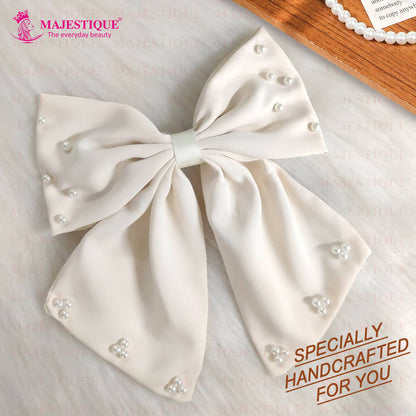 Image 5 of Majestique Hair Bow Pearl Embellished Layered - Off-White