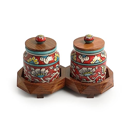 Image 4 of ExclusiveLane Mughal Floral Ceramic Containers with Lid & Tray Set of 2 440 ML