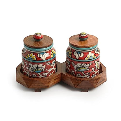 Image 4 of ExclusiveLane Mughal Floral Ceramic Containers with Lid & Tray Set of 2 440 ML