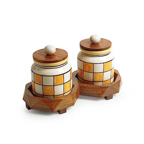Image 3 of ExclusiveLane Shatranj Checkered Ceramic Containers with Lid & Tray Set of 2 440 ML