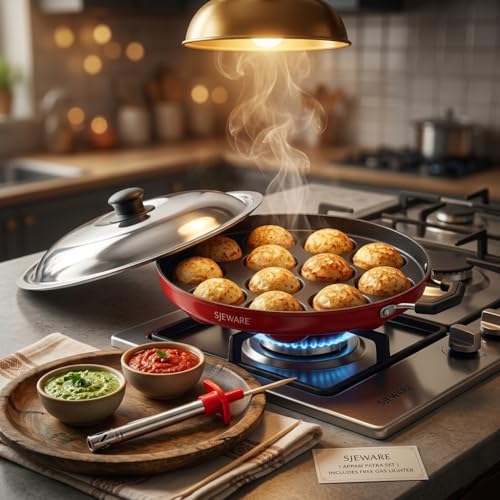 Image 4 of SJE WARE Non-Stick Aluminium Appam Patra 12 Cavity with Lighter, Red