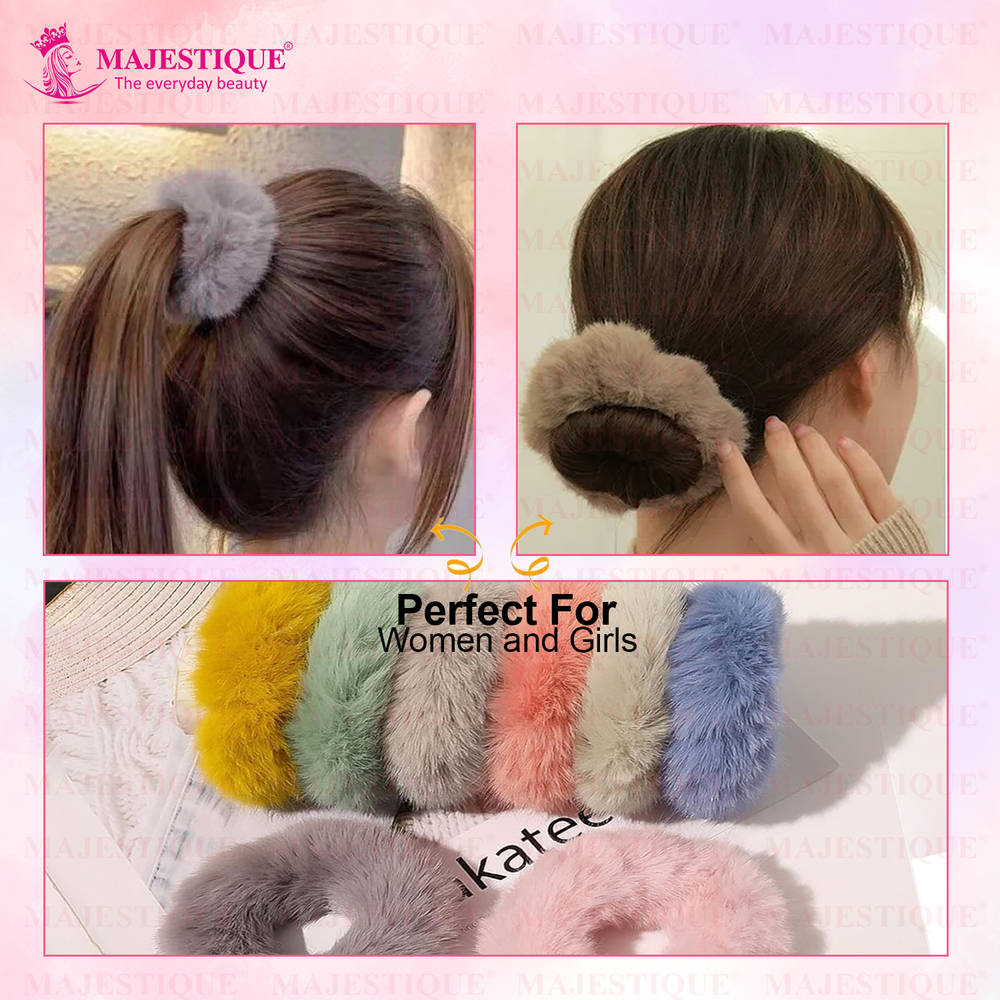 Image 3 of Majestique Fancy Spongy Fur Hair Rubber Band Elastic Ponytail Holder Hair Band - 10Pcs (Multicolor)