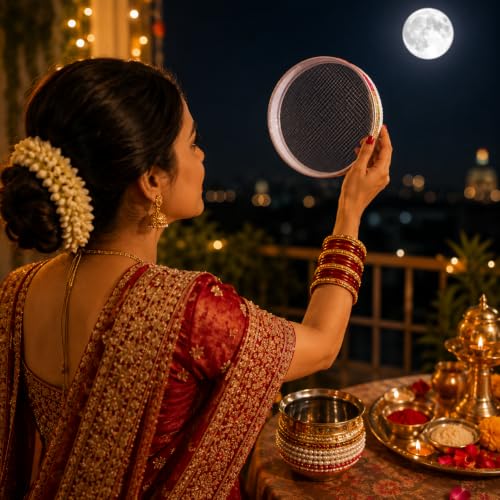 Image 2 of Pure Source India Handmade White Bead Embellished Karwa Chauth Pooja Thali Set, Steel Channi (Sieve), Karwa Lota
