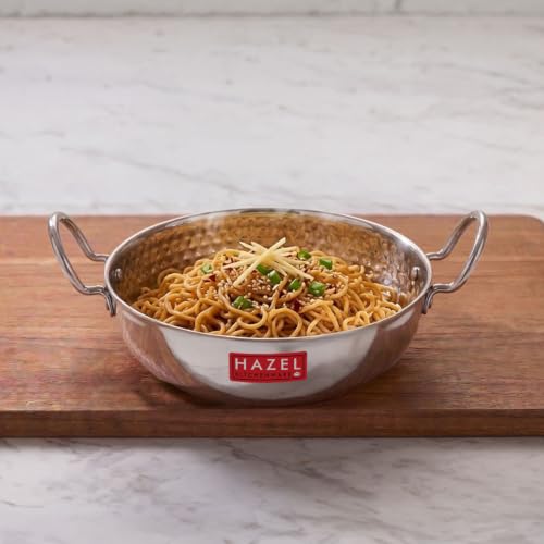 Image 1 of Default Title for the product HAZEL Stainless Steel Kadai with Handle Curved Bottom Hammered Tone Design, 700 ml