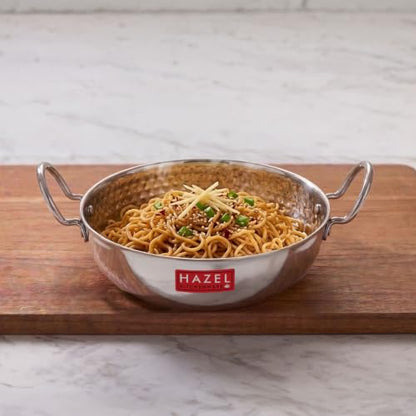 Image 1 of Default Title for the product HAZEL Stainless Steel Kadai with Handle Curved Bottom Hammered Tone Design, 700 ml
