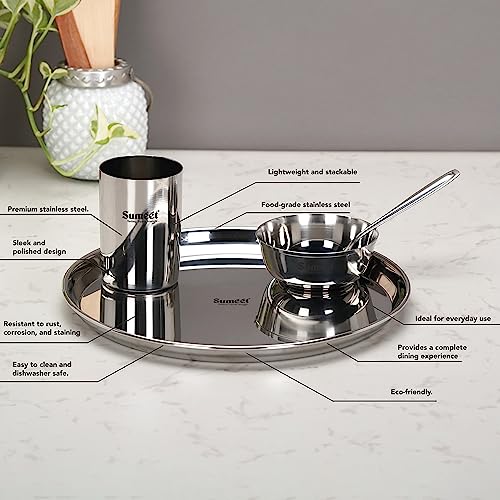 Image 2 of Sumeet Stainless Steel Heavy Gauge Mirror Finish Dinner Solid Set of 12 Pcs (3 Plate, 3 Bowl/Wati, 3 Glass, 3 Spoon), Silver
