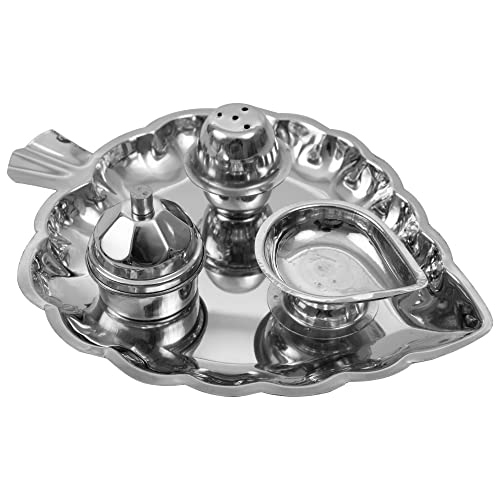 Image 2 of Spillbox Traditional Handcrafted Stainless Steel Thali kumkum Plate for Pooja/Worship-Bowl-Dhoop-Diya(Silver)