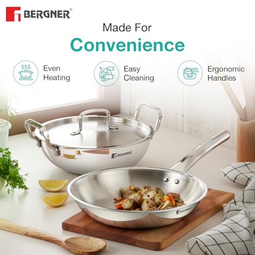 Image 5 of BERGNER TriPro 4 Pcs Tri-Ply Stainless Steel Induction Bottom Cookware Set - 22cm (2L) Kadai and 22cm (1L) Frypan with Common Stainless Steel Lid, 14cm (1L) Teapan