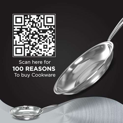 Image 7 of Preethi Metallica Collection Triply Stainless Steel Frypan with Glass Lid, 26 cm, Gas & Induction Compatible, Metal Spatula Friendly
