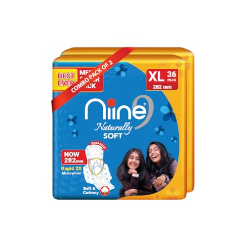 Image 2 of 36 Count (Pack of 2) for the product Niine Naturally Soft XL Sanitary Pads for Women | 282mm Long | Cottony Soft Top Cover | Anti Leak Lock Channel| 2X Absorbent| for Heavy Flow| 36 Pads