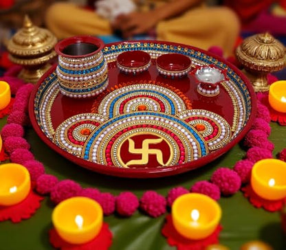 Image 7 of RIA Studio Traditional Swastik Pooja Thali Set 12-Inch Stainless Steel Prayer Plate with Kundan Decoration 5-Piece Hindu Worship Kit