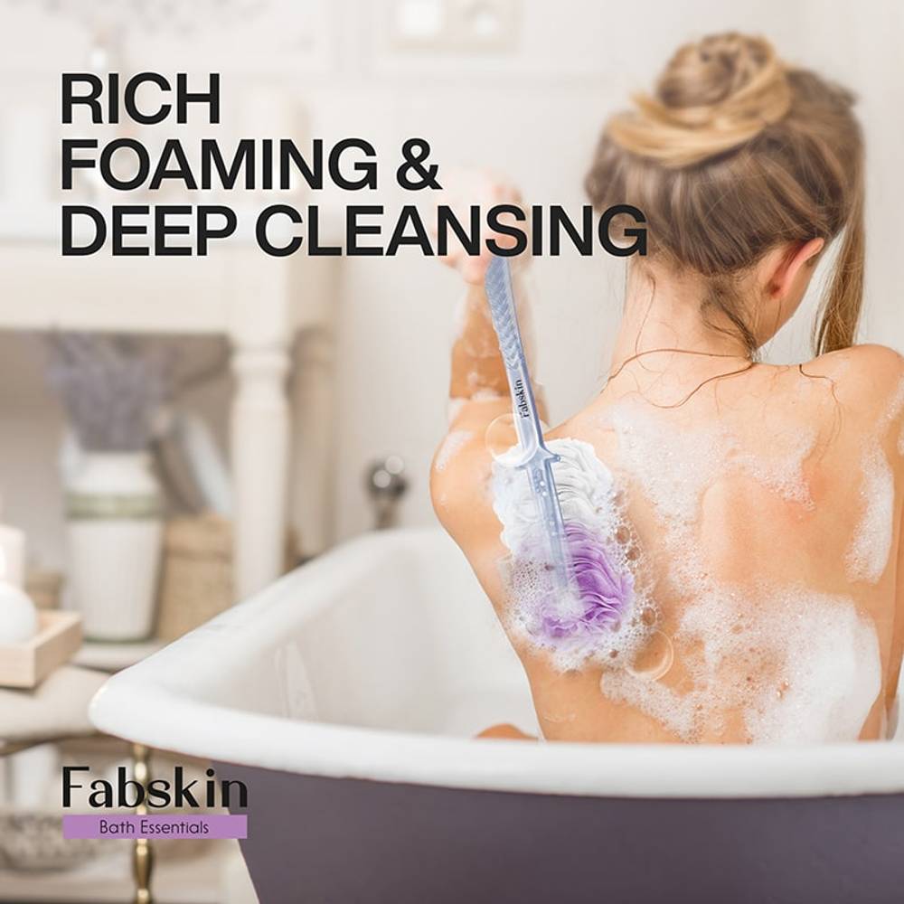 Image 4 of Fabskin Bath Brush Loofah For Men & Women With Long Plastic Handle Purple & White