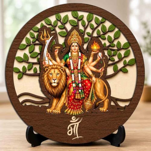 Image 1 of Default Title for the product Sherawali MATA Wooden Idol with Stand for Home Temple, Puja Room, Office Desk & Indoor Mandir Decor - 5x5 Inch