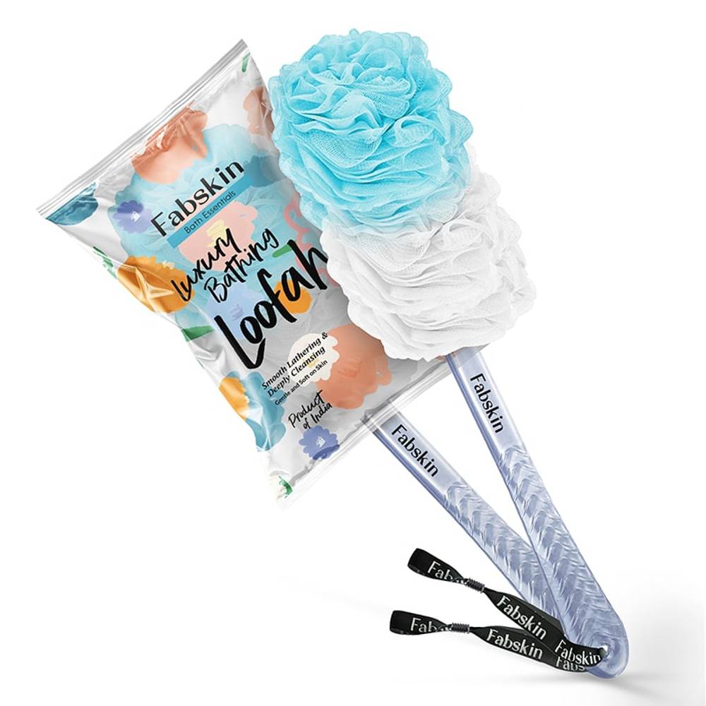 Image 1 of 1 Pc / Pack of 1 for the product Fabskin Bath Brush Loofah For Men & Women With Long Plastic Handle Blue & White