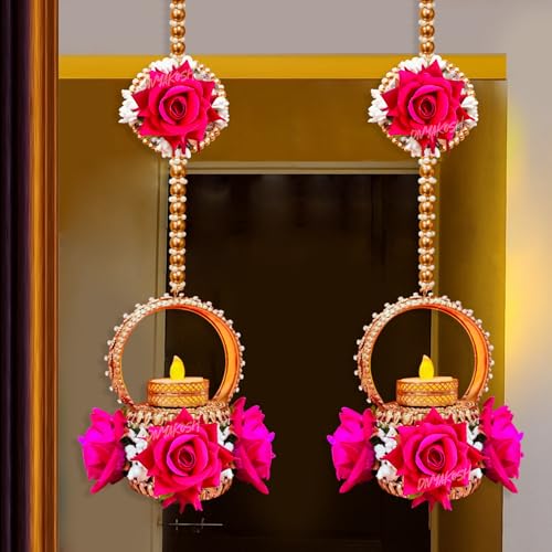 Image 3 of Divyakosh Hanging Pink Rose Flower with Brass Diya/Tealight Holder with LED T- Light, Set of 2, Size 22 Inch - Diwali Decoration, Latkan Tealight Holder, Candle Light Holder, Wall Decoration