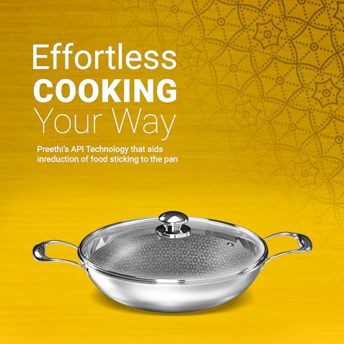 Image 5 of Preethi Diva Collection Triply Stainless Steel Kadai with API Technology, 20 cm, Gas & Induction Compatible, with Glass Lid, Metal Spatula Friendly