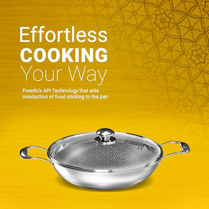 Image 5 of Preethi Diva Collection Triply Stainless Steel Kadai with API Technology, 20 cm, Gas & Induction Compatible, with Glass Lid, Metal Spatula Friendly