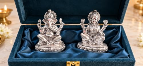 Image 3 of Gold Art India Lakshmi Ganesha Idol 999 Silver Plated | Laxmi Ganesh Ji Murti for Diwali Pooja, Home Mandir, Office & Gifting | Ganpati Laxmi Idol Set with Premium Gift Box