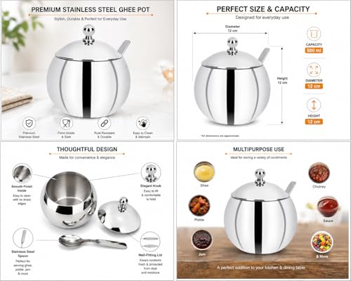 Image 4 of KC Stainless Steel Ghee Pot/Pickle Container 500 ML with Spoon