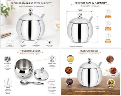 Image 4 of KC Stainless Steel Ghee Pot/Pickle Container 500 ML with Spoon