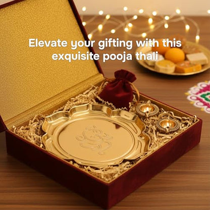 Image 3 of ALCU Pooja Thali for Diwali & Navratri Lotus Design Embose Decorative Puja Plate Golden