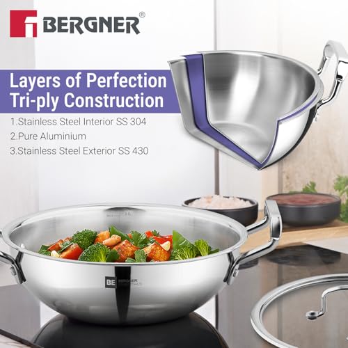 Image 3 of BERGNER BE Essentials TriPly 4 Pcs Stainless Steel Cookware Set - 24cm (3.1L) Kadai, 24cm (1.5L) Frypan, Common Flat Glass Lid, 26cm Non-Stick Roti Tawa