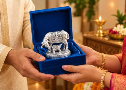 Image 3 of Gold Art India Ganesha Idol for Car Dashboard & Kamdhenu Idol for Vastu Decor (Silver-Matte, Oval)