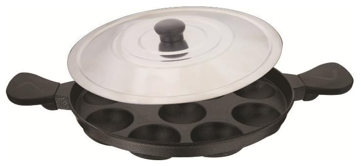 Image 1 of Black for the product SWIFT Non Stick 12 Cavity Aluminium Appam Patra Ponganal Guntapongadalu Paniyaram Litti Maker with Lid 23 cm Black