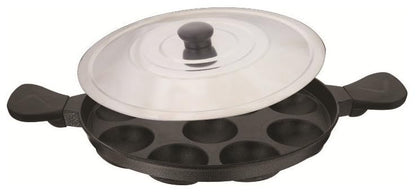 Image 1 of Black for the product SWIFT Non Stick 12 Cavity Aluminium Appam Patra Ponganal Guntapongadalu Paniyaram Litti Maker with Lid 23 cm Black