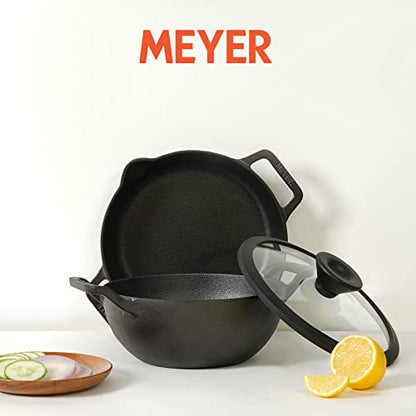Image 2 of Meyer Pre-Seasoned Cast Iron 3 Piece Cookware Set - 26cm Skillet + 26cm Kadai with Interchangeable Lid