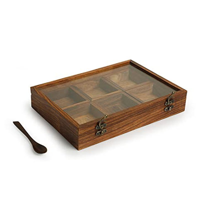 Image 5 of ExclusiveLane Masalas Blends Sheesham Wooden Spice Box with Spoon 6 Large Detachable Containers 120 gram Each