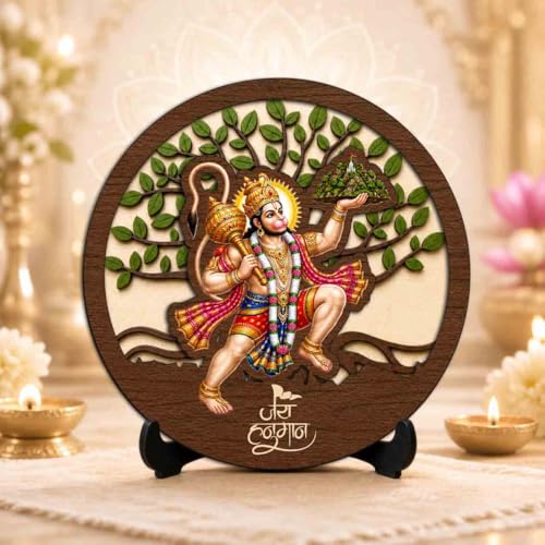 Image 2 of Hanuman Ji Premium Wooden God Idol for Indoor Temple, Living Room Shelf, Work Desk & Puja Decor - 5x5 Inch