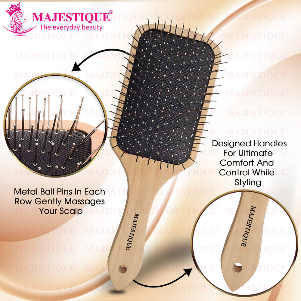 Image 4 of Majestique Wood Hair Brush - Eco Friendly Paddle Hairbrush, Bamboo Brush with Pin Bristles