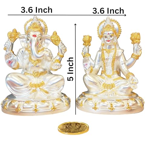 Image 4 of Gold Art India Round Base Laxmi Ganesh Silver Matte Idol 5" Inch