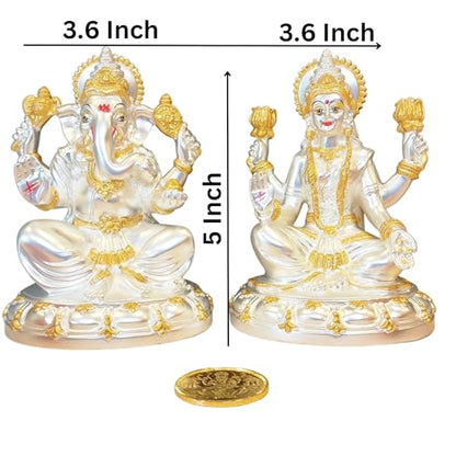 Image 4 of Gold Art India Round Base Laxmi Ganesh Silver Matte Idol 5" Inch