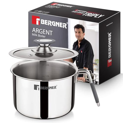 Image 3 of 2.5 Litres for the product BERGNER Argent Triply Stainless Steel Milk Boiler with Glass Lid