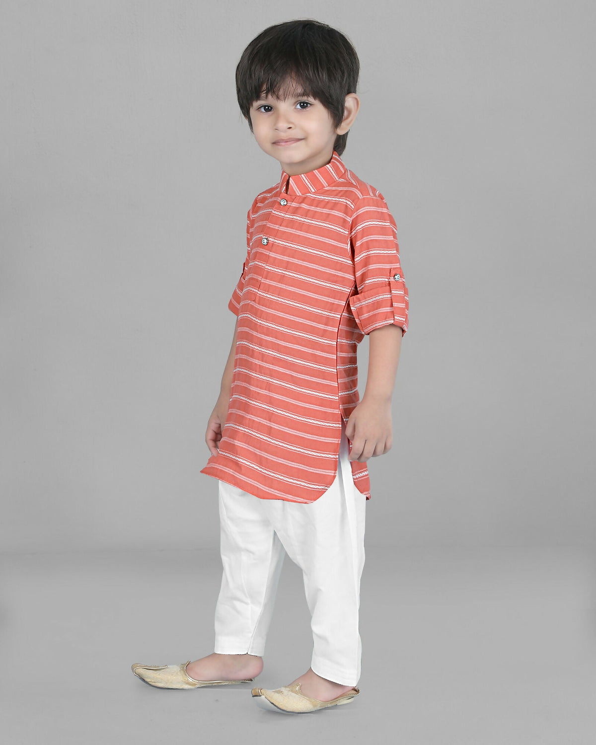 Image 4 of Joban Fashion Kids Island Cotton Full Sleeves Striped Kurta and Pyjama- Peach