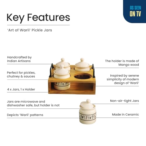 Image 5 of ExclusiveLane Art Of Warli Ceramic Pickle Jars with Wooden Holder Set of 4, 280 ml