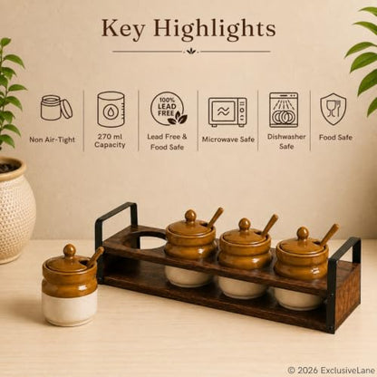 Image 5 of ExclusiveLane Barni Tales Ceramic Pickle Jars with Spoon & Wooden Holder Set of 4 270 ml